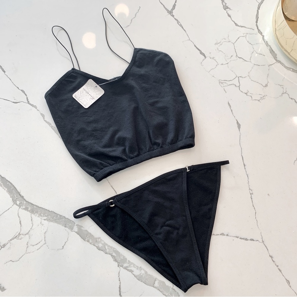 🖤 Free People Black Seamless Skinny Strap Cami Top and O-Ring Panty Set